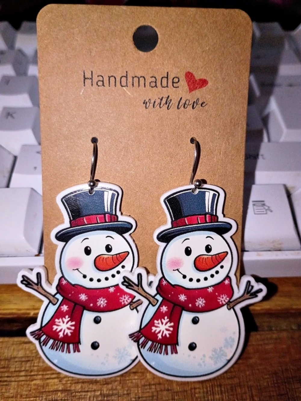 Snowman Top Hat Winter Christmas Holiday Earrings Red & White